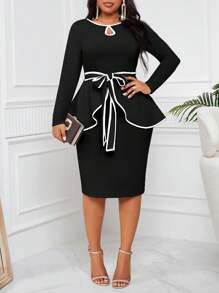 Fleurora 大码粉色水滴领口设计腰部褶皱下摆上衣和基本款修身裙套装女式两件套粉色两件套外出装四季