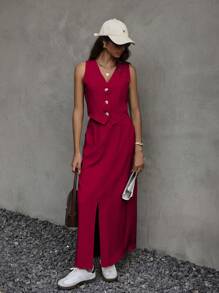 SHEIN Frenchy 2 件套女士无袖纯色背心上衣和裙子 - 紅色 - 查看 1