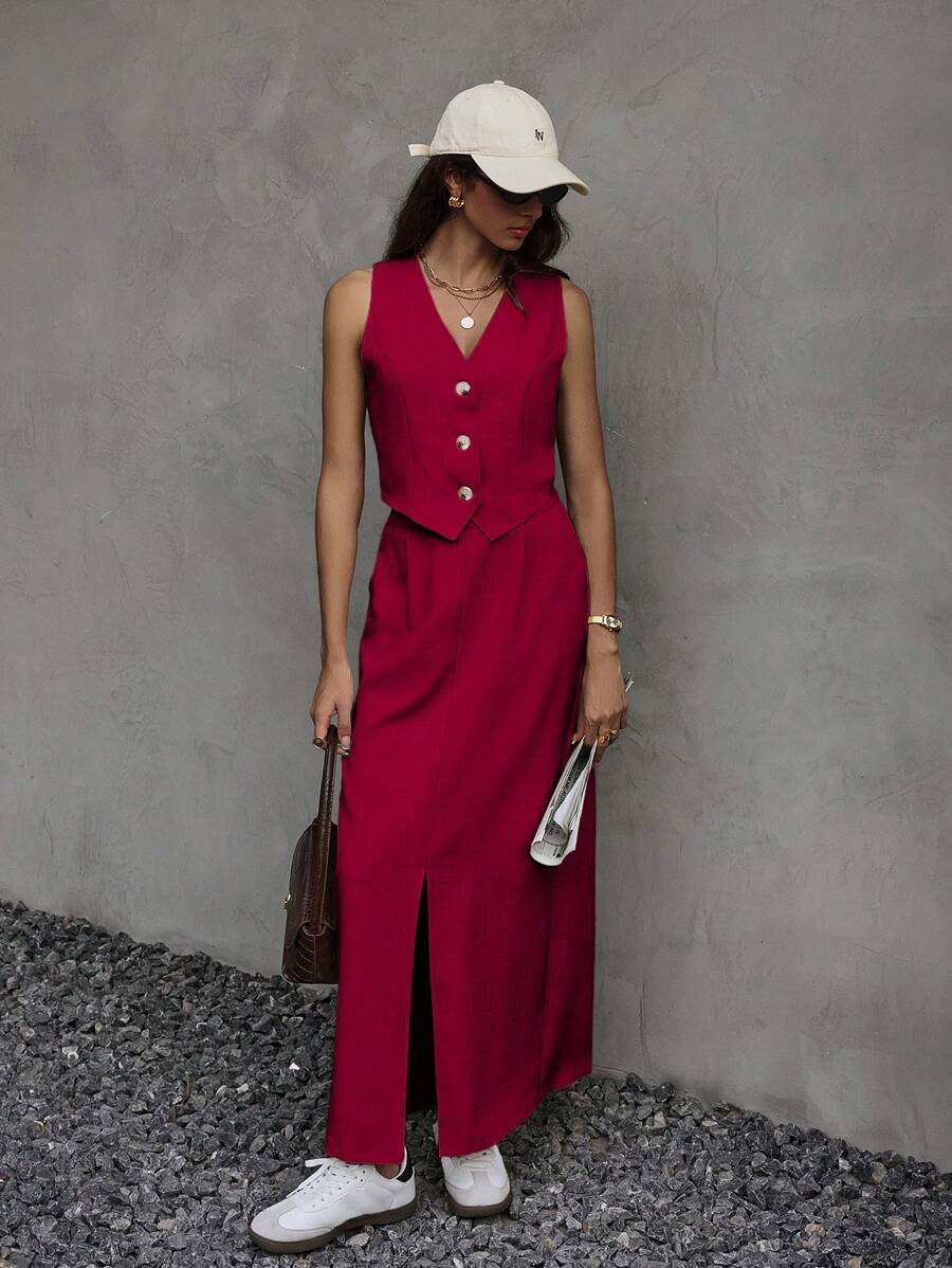 SHEIN Frenchy 2 件套女士无袖纯色背心上衣和裙子 - 紅色 - 查看 1