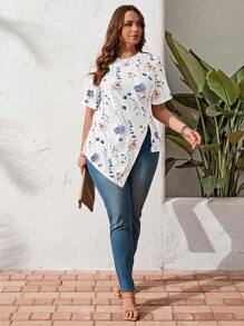 SHEIN LUNE Camiseta casual de manga corta con cuello redondo y estampado floral para mujer de talla grande - Blanco - Ver 4