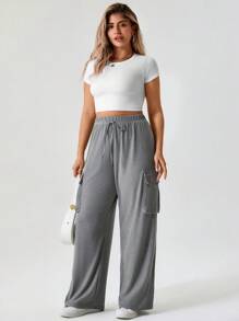 SHEIN LUNE Pantaloni cargo taglie forti da donna con tasche, grigio melange, abbigliamento occidentale da donna bohémien, stile boho 90s, per festival estivi, casual da vacanza in stile boho old money - Grigio - Visualizzare 5