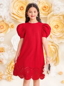SHEIN 青少年女孩 V 领羊腿袖不对称下摆扎染休闲连衣裙 - 紅色 - 查看 4