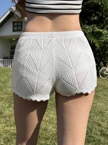 SHEIN EZwear 女士纯色镂空抽绳腰休闲短裤 - 白色 - 查看 2