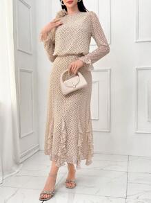 Al Najma 女士波尔卡圆点印花长袖上衣和中长裙阿拉伯服装套装 - 杏色 - 查看 2