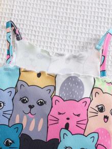 SHEIN 女婴休闲可爱猫咪图案背带连体衣 - 彩色 - 查看 6