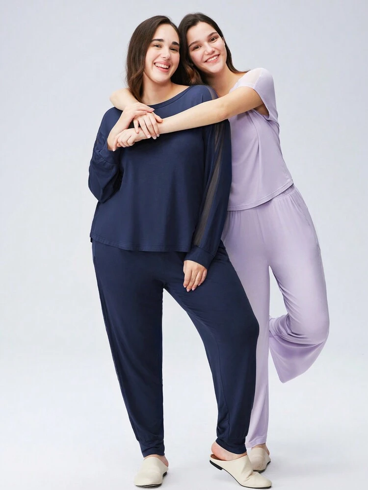 Cloud Soft Conjunto de pijama de pantalón y top de manga corta de malla transpirable y suave, ropa de estar en casa, ropa deportiva casual y cómoda con bolsillos, lencería como ropa exterior, para mujer, primavera y verano