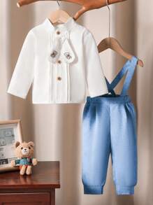 Souflis Souflis 男婴绅士英伦风衬衫 + 泰迪熊刺绣蝴蝶结 + 围兜裤套装适合生日、婚礼、派对、春秋季 - 淺藍色 - 查看 6