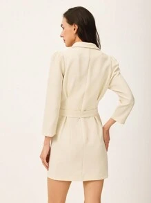 Poéselle Beige Suit Blazer, Office Women,Summer Women,Women Elegant Commuter Solid Color Double-Breasted Blazer,Simple Fashion, Comfortable And Breathable Fabric, Suitable For Daily, Street, Commute, Holiday, Dating And Other Occasions To Wear - White - View 4