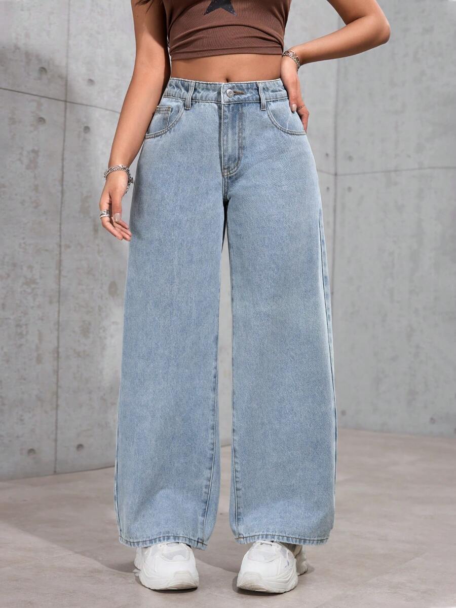 SHEIN PETITE 休闲洗水直筒牛仔裤 - 藍色 - 查看 1