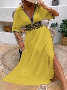 Breezaya Váy xẻ thêu chắp vá cho nữ, thích hợp cho kỳ nghỉ hè - Màu vàng - Xem 4