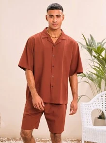 Manfinity VCAY Men's Woven Casual Loose Short Sleeve Shirt And Elastic Waist Straight Leg Shorts 2 Pieces Set - Brown - View 2