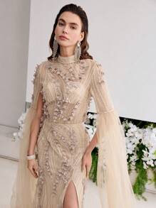 MOTF Soiréza ELEGANTE VESTIDO DE GALA DE NOCHE CON MANGAS EXTRA LARGAS, APLICACIONES FLORALES, ABERTURA EN EL MUSLO Y APLICACIONES DE CUENTAS