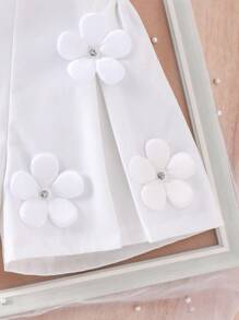 2 件套年轻女孩针织无袖 V 领白色五瓣花上衣和荷叶边短裤套装，时尚优雅的夏季服装 - 黑色 - 查看 6