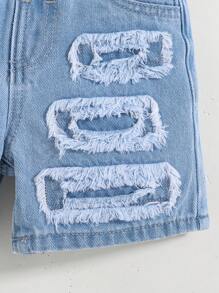 SHEIN Pantalones cortos vaqueros azules de ajuste holgado con parches, efecto desgastado, rotos y deshilachados, para niño pequeño, estilo callejero fresco de verano, ropa de calle primavera/verano, vacaciones de primavera - Azul lavado medio - Ver 5