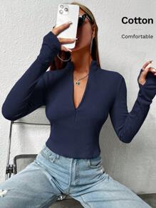 SHEIN EZwear Zip Front Thumb Hole Crop Long Tee Dark Blue Topribbed Topwomen Long Sleeve Topsnavy Blue Topsv Neck Long Sleeve