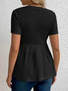 SHEIN Maglietta a coste per maternità, con scollo rotondo, maniche corte, orlo con volant, colore unito