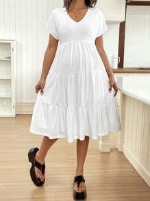 SHEIN Maternity V-Neck Short Sleeve Ruffle Hem Casual Dress - White - View 4