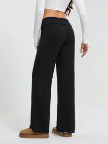 SHEIN Tall Women's Black Knitted Pants With Cuffed Waist And Flared Legs