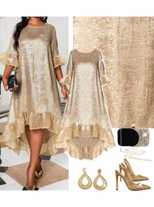 SHEIN Lady 春夏秋冬休闲优雅派对金色编织圆领喇叭袖中长七分袖大码连衣裙 - 金色 - 查看 5