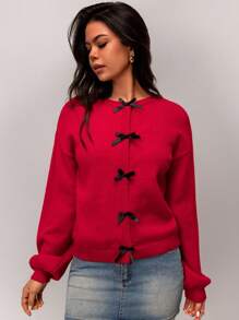 Forever 21 秋冬圆领开衫毛衣短款休闲百搭长袖针织外套 - 紅色 - 查看 6