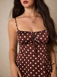 Poéselle Polka Dot Knot Front Split Thigh Cami Dress,Polka Dot Dress - Multicolor - View 7