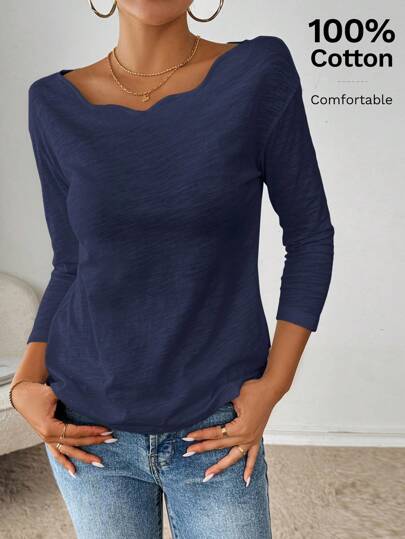 SHEIN Essnce Schwarzer Rundhalsausschnitt, lockeres, langärmliges, lässiges T-Shirt aus Samt für Damen mit geschwungenem, gewelltem Ausschnittdesign, Frühlings- und Sommerkleidung für den Schulanfang, Herbstkleidung, Damen-T-Shirt, Herbstoberteile, Herbst-Outfits, Halloween-Kleidung, schulterfreies Oberteil, weißes Langarmshirt, Lehrershirts, langärmliges, tailliertes Hemd, langärmliges Oberteil, Lehrer-T-Shirt, lässige Damenkleider