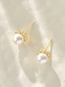 1pair French Style Luxurious & Simple Stainless Steel Round Stud Earrings With Tiny Faux Pearls