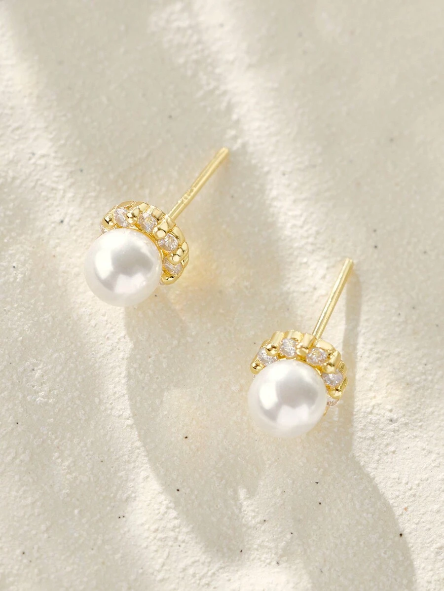 1pair French Style Luxurious & Simple Stainless Steel Round Stud Earrings With Tiny Faux Pearls