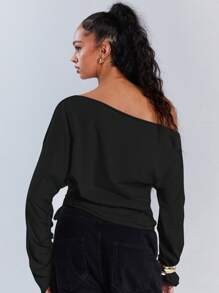 Athîral Women Casual Solid Asymmetric Collar Drawstring Top, Autumn - Black - View 7