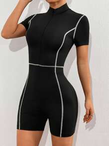 Muchica Women's Zipper Placket Sleeveless Romper Unitard - Black - View 3