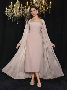 Modelyn 2pcs Embroidered Sequin Solid Elegant Romantic Sheer Sleeve Dress Set - Pink - View 1
