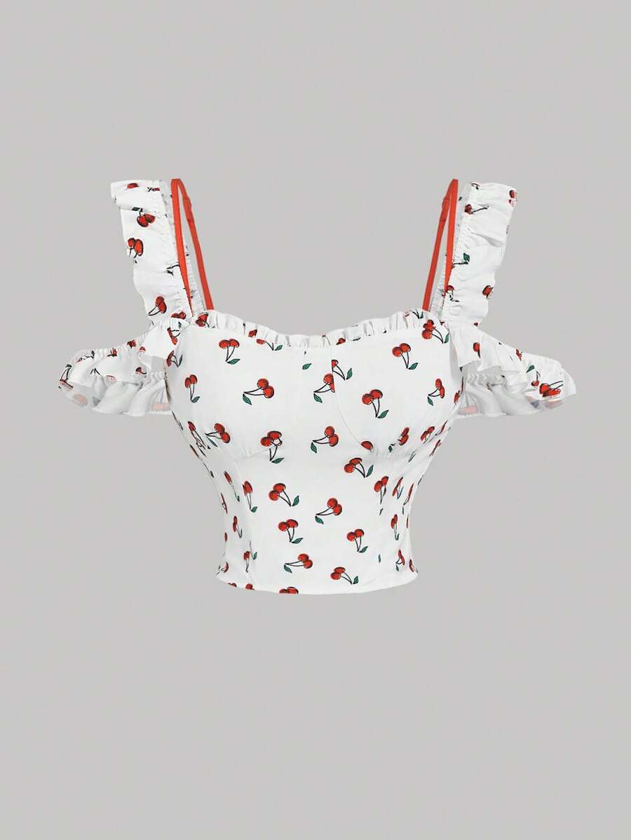 SHEIN MOD Top bonito com estampa de cereja de um ombro só e contraste de cor com alças de orelha, top estilo pastoral, top de férias, top de primavera, top de dia dos namorados, tops para sair femininos - Branco - Ver 1
