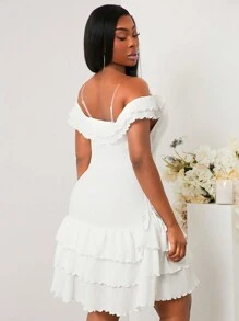 SHEIN SXY Váy cưới trễ vai thanh lịch màu trơn cỡ lớn mùa xuân/hè sang trọng - trắng - Xem 2