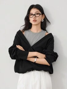 Dazy-Less Women's Color Block Long Sleeve Shirt With 2 In 1 Design,Fall Women Clothes