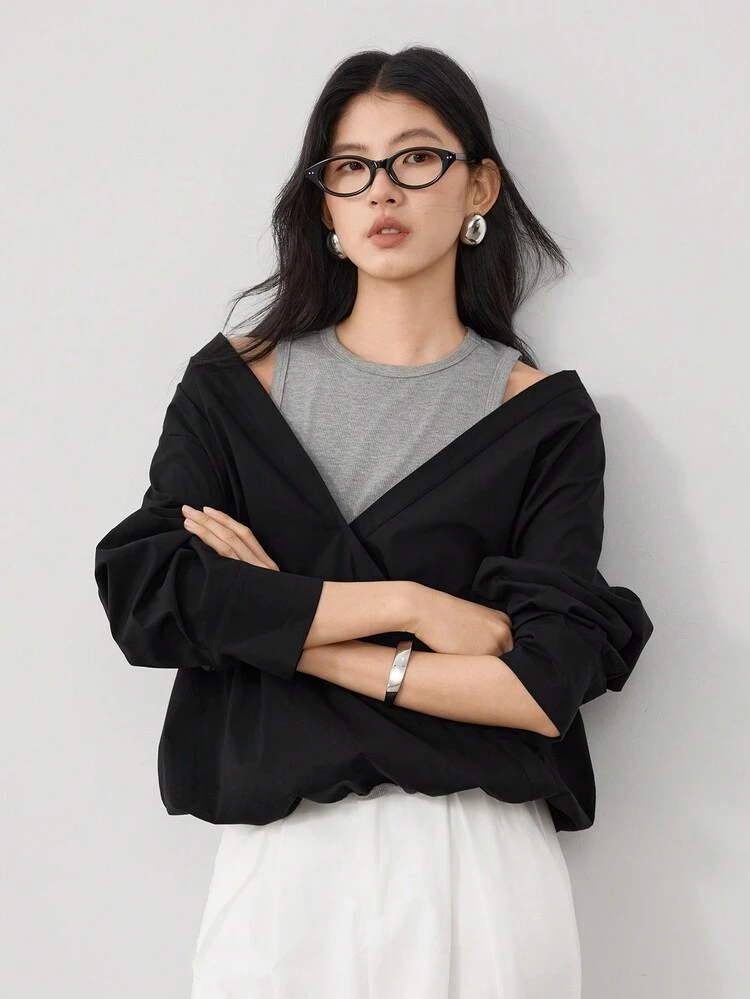 Women's Color Block Long Sleeve Shirt With 2 In 1 Design,Fall Women Clothes