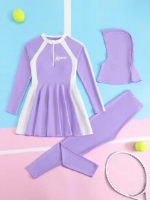 SHEIN Teen Girls' Vacation Letter Print Contrast Color Long Sleeve Casual Tankini Swimwear