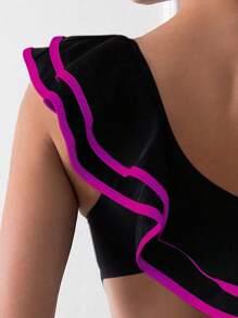 SHEIN Swim 1pc Women's Ruffled Edge One Shoulder One Piece Swimsuit, For Summer Beach Vacation - Black - View 5