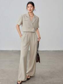 Dazy-Less 女士纯色商务休闲短袖西装外套和长裤套装 Old Money - 杏色 - 查看 3