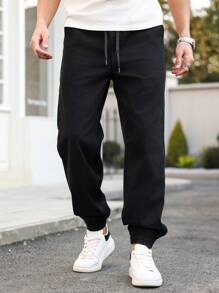 Manfinity Homme 男式纯色口袋抽绳腰部锥形牛仔裤 - 黑色 - 查看 5