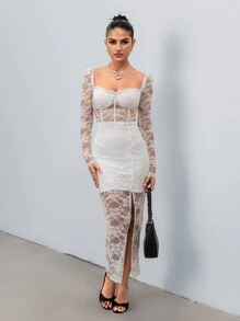 Chiquease 女士蕾丝性感方领紧身褶皱开衩连衣裙 - 白色 - 查看 3