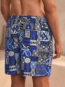 Manfinity VDAYZ Men's Geometric Print Drawstring Waist Pockets Beach Shorts (Asymmetric Print) - Blue - View 2