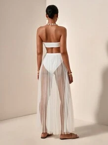 Zivah 度假夏季短款抹胸和褶皱透明网眼中长裙套装 - 白色 - 查看 2