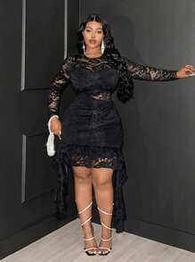 Maweii Plus Size Women Lace Trimmed Flounce Sleeve Semi-Sheer Long Dress - Black - View 4