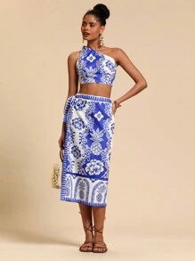 Travachic 2 件套服装：度假风格蓝白印花扭结肩上衣 + 裹身直筒裙 - 藍色 - 查看 4