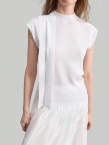 Ontre 女士优雅白色短袖针织毛衣，老钱风格现代都市风立领无袖毛衣上衣，春夏