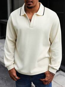 Manfinity Homme Plus Size Men Casual Minimalist Contrast Trim Long Sleeve Polo Shirt, Fall - Khaki - View 6