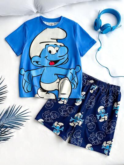 SHEIN X The Smurfs 2st Tween Boy Cartoon Sport Casual Blå Söt T-shirt och shorts med tecknat tryck, lämplig för alla årstider
