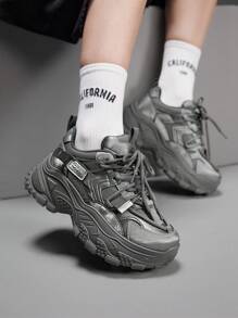 Vate Women's Thick Sole Lace Up Casual Sneakers, Fashionable - Grey - View 3