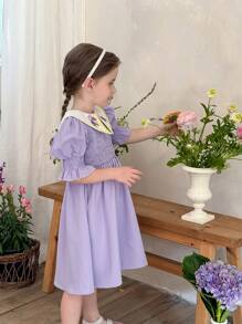 LMoss Kids Vestido casual ajustado con cuello y contraste de color para niña LMoss - Morado - Ver 4
