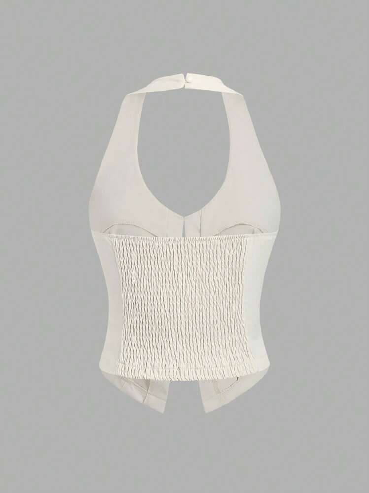 Sweetra Women's Solid Color Bowknot Halter Neck Tank Top - Apricot - View 2